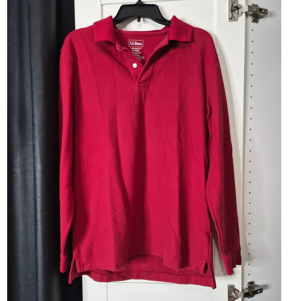 LLBean‎ Mens Long Sleeve Polo Shirt Red Traditional Fit M Reg Cotton